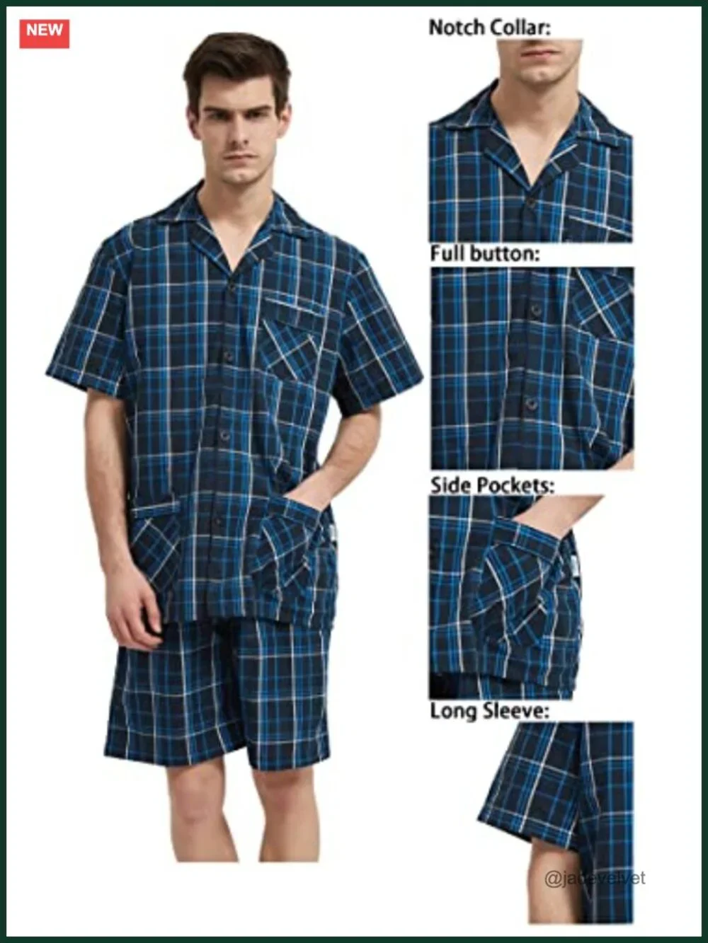 100% Cotton Mens Short Pajama Set Summer Loungewear Plaid Sleepwear